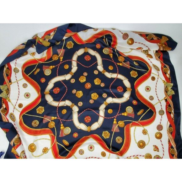 Italian Blue Framed Scarf Wrap Medallions Tassels 44" Square Vintage Polyester - Picture 2 of 11